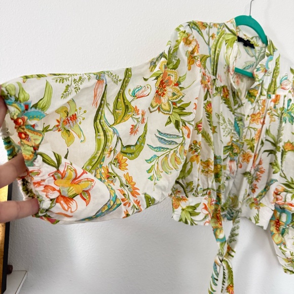 RACHEL Rachel Roy Tropical Floral Linen Blend Tie Front Blouse Puff Sleeve L - Picture 2 of 15